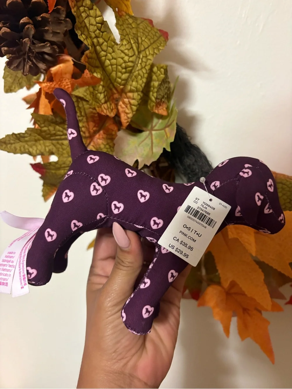 PINK Victoria's Secret Purple Plush Dog Toy with Pink Heart Print